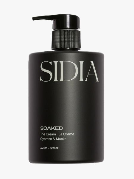Sidia Soaked The Cream black pump bottle on light gray background