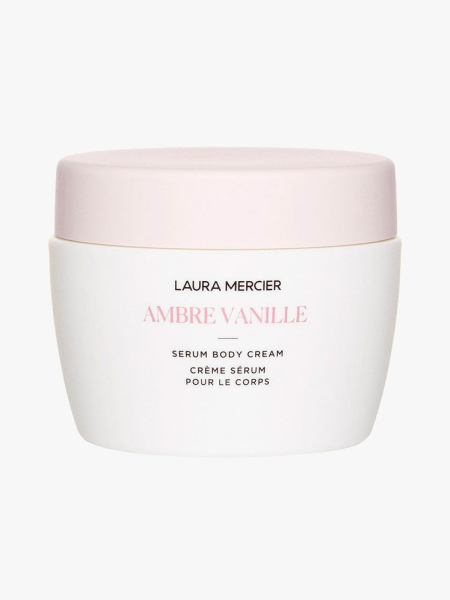 Laura Mercier Ambre Vanille Serum Body Cream white jar with light pink lid on light gray background